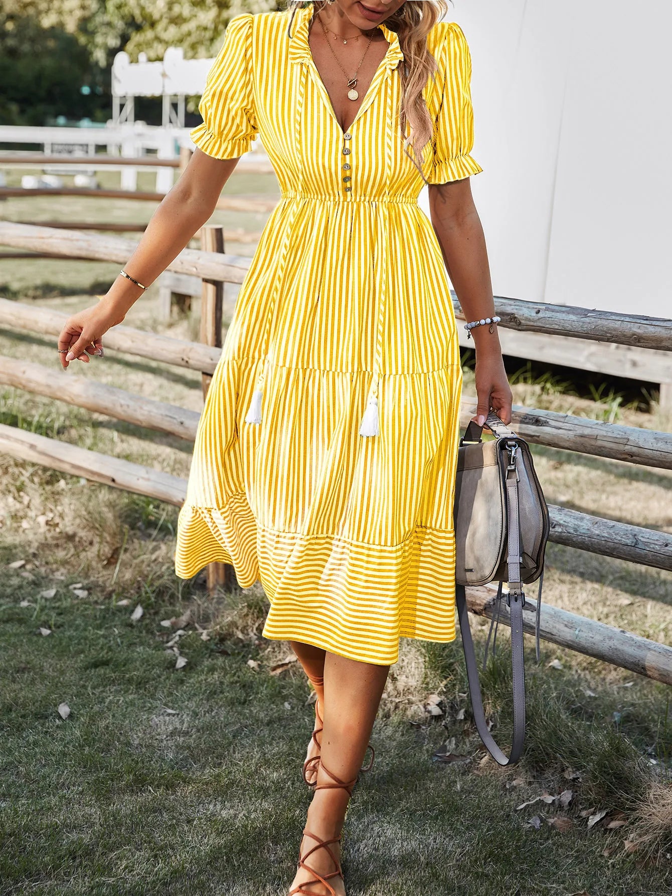 Summer Women's Striped Short Sleeve V-Neck Elastic Waist Dress
