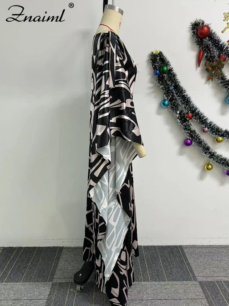 Znaiml Fashion Print Skew Collar Loose Black Maxi Dress for Women Elegant Spring Dashiki Muslim African Club Party Vestidos 2025
