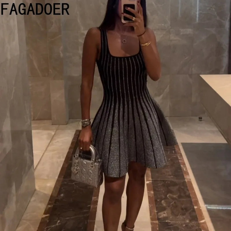 FAGADOER Summer Fashion Knit Bodycon Mini Dresses Women Square Collar Sleeveless Backless High Waist Dress Female Office Vestido