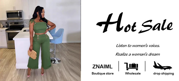 Znaiml Green Tie Shoulder Ruched Wide Strap Slim Fit Crop Top and Wide Leg Pant 2 Pieces Women Summer Streetwear Matching Sets