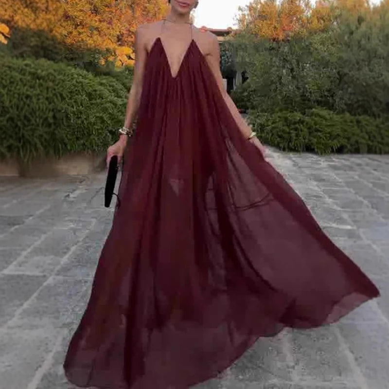 Sexy Women's Backless Wedding Guest Dress 2025 Summer Vacation Solid Color Long Dress Casual Low Cut V-neck Pleated Party Dress