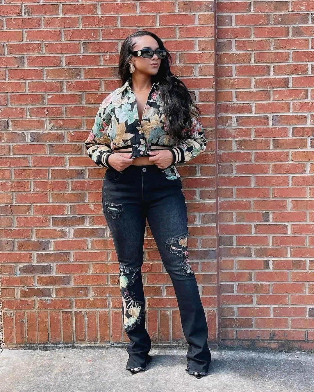 Streetwear Floral Print Short Jacket Sexy Women Turn Down Collar Elegant High Street Club Coat Outerwear