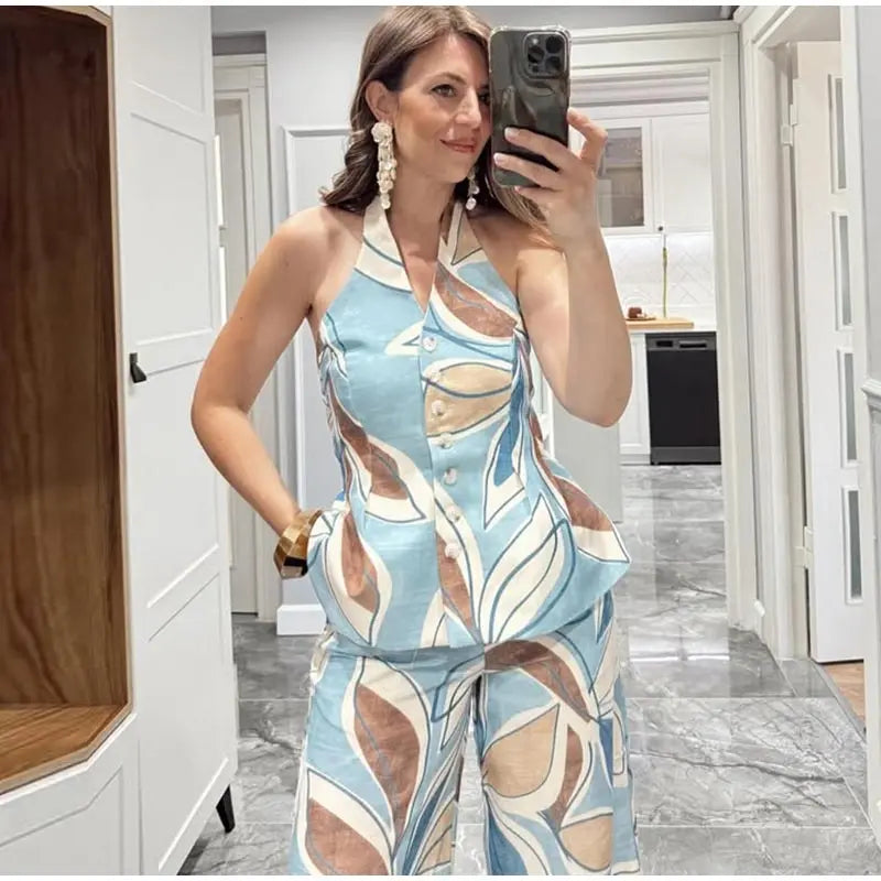 Halter Print Top Pants Set Women Backless Crop Tops Wide Leg Baggy Pants Two Pieces Set Chic Vacation Casual Women Outfit