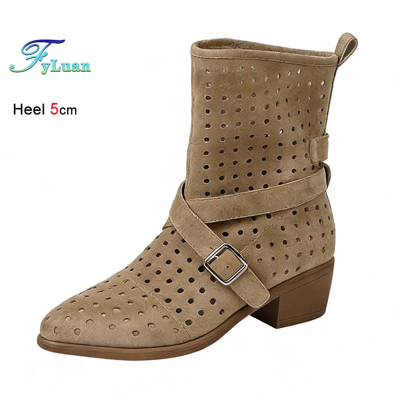 Brown Suede Western Cowboy Boots With Belt Buckle And Pointed Toe for Women