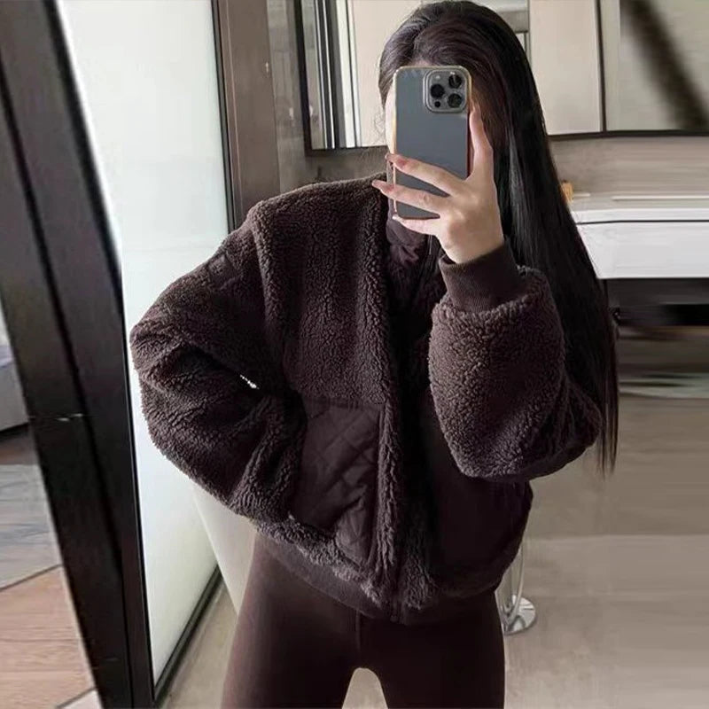 Elegant Lamb Women's Coat Vintage Stand Collar Thicken Full Sleeve Pockets Jacket Female 2025 Autumn Winter Woman Coats Outwears