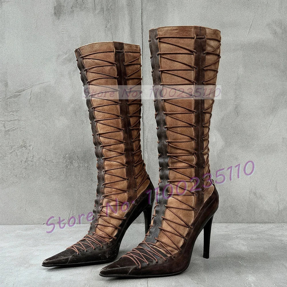 Red-Brown Cross Tied Mid Calf Boots Women Fashion Multi Thin Straps Stilettos Ladies Splicing Leather Side Zipper Pointy Boots