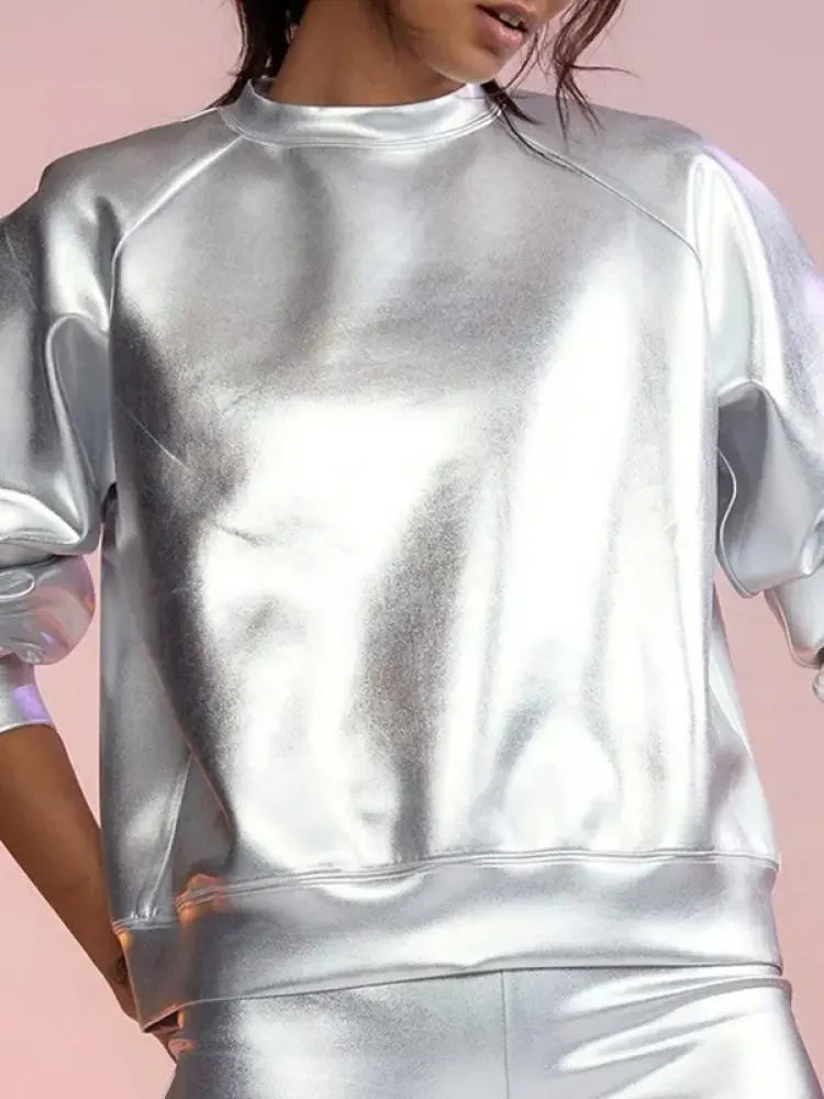 2024 New Autumn Women's Pullover Sweatshirt Silver Simple Casual Shirt Streertwear Female Long Sleeves Tops T-shirts