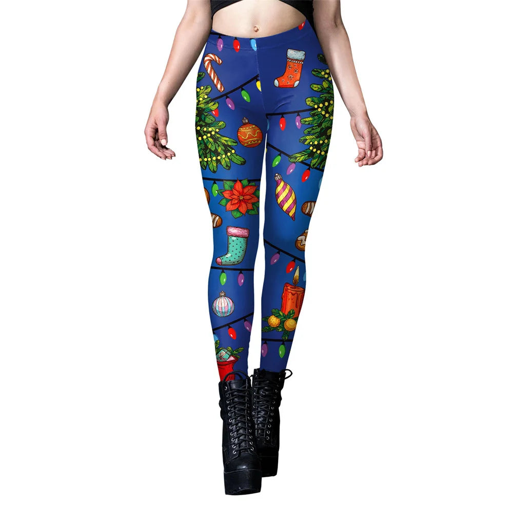FCCEXIO Christmas Tree Print Leggings Women Party Sexy Tights Mid Waist Snowflakes Red Plaid Trousers Girls Casual Pants Bottom