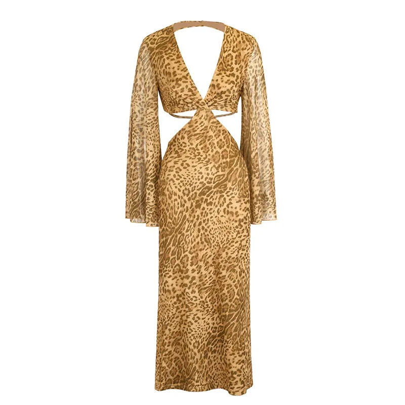 Autumn New Women's Dresses Fashion Leopard Print Casual Slim Long Sleeves Dress Sexy Hollow Out Backless V-neck Dresses Clothing