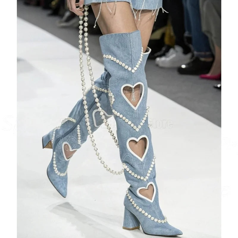 Chunky Heel Pointy Toe Denim Boots With Side Zipper For Women