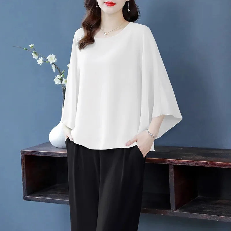 4XL Bat Shirt Summer Women's Loose T-shirt Small Shirt 2025 Spring/Summer Large Wrinkle Resistant And Elegant chiffon Top Green