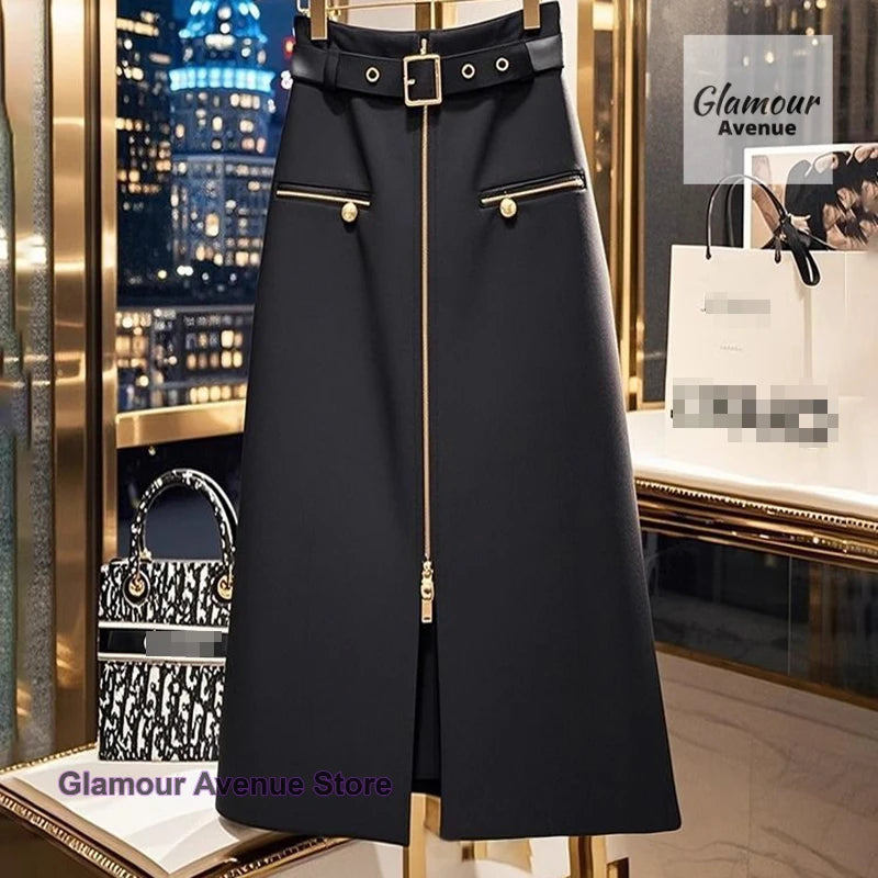 Spring and autumn new plus-size black skirt female Korean fashion design sense small fragrance long zipper hip A-line skirt.