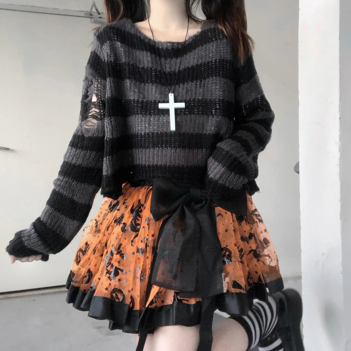 Karrram Punk Gothic Sweater Emo Tops E-girls Mall Goth Pullovers Y2k Harajuku Grunge Clothes Alt Dark Aesthetic Striped Jumpers