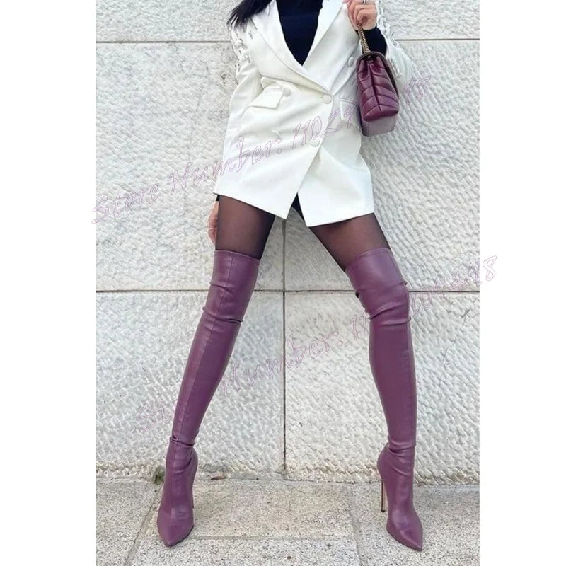 Purple Elastic Over The Knee Boots Pointed Toe Shoes for Women Matte Leather Thin High Heels Sexy Shoes 2025 Zapatos Para Mujere