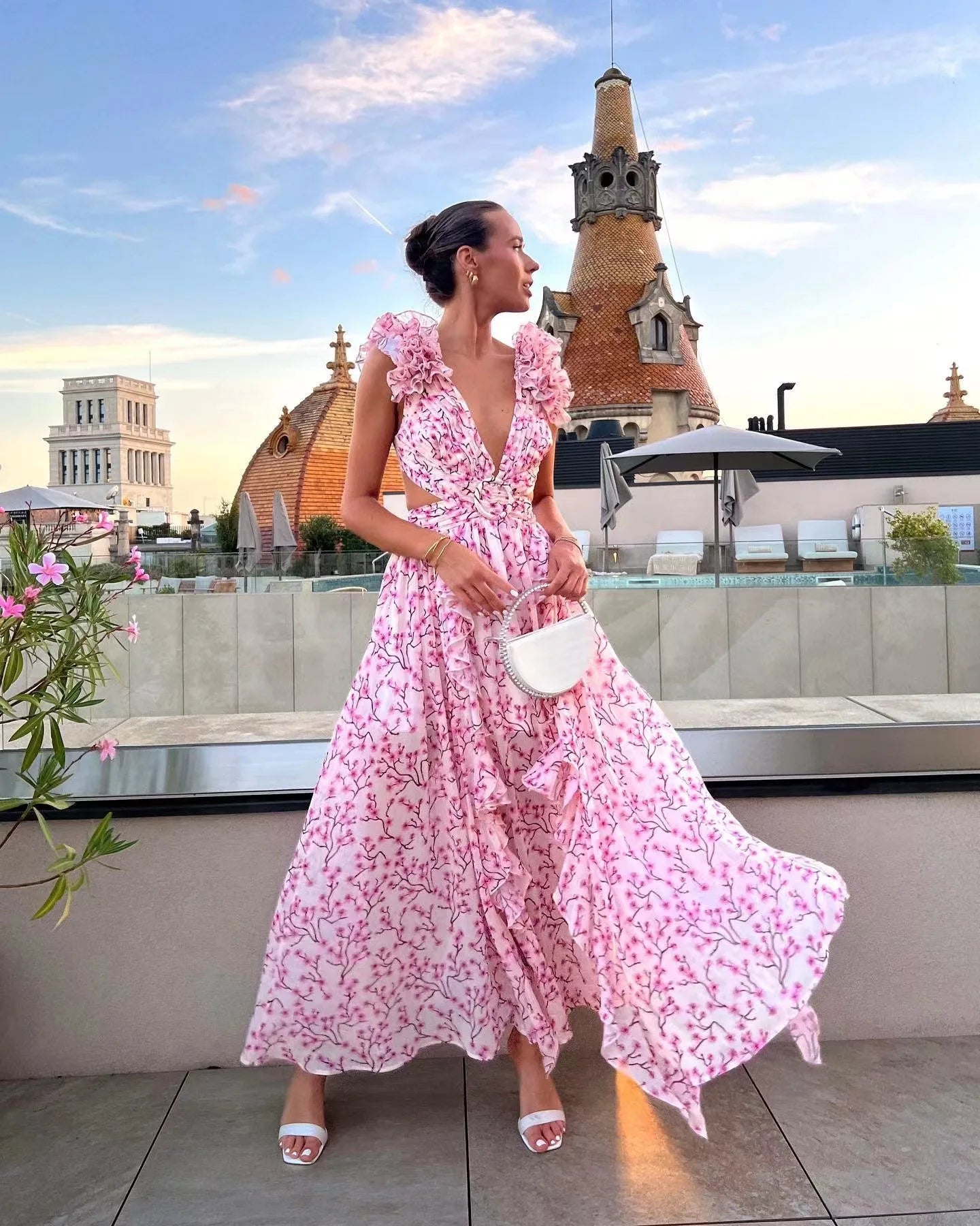 Summer Spring Women's Clothing Dress Hollow Out Slim Deep V Ruffle Edge Floral Backless Dress Loose Maxi