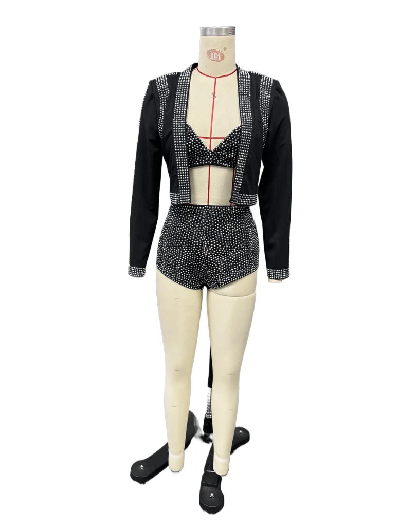 CM.YAYA Diamonds Hot Rhinestones Sexy Party Women's Set Open Stitch Blazer Top + Bra and Shorts 2025 Two 2 Piece Sets Outfits