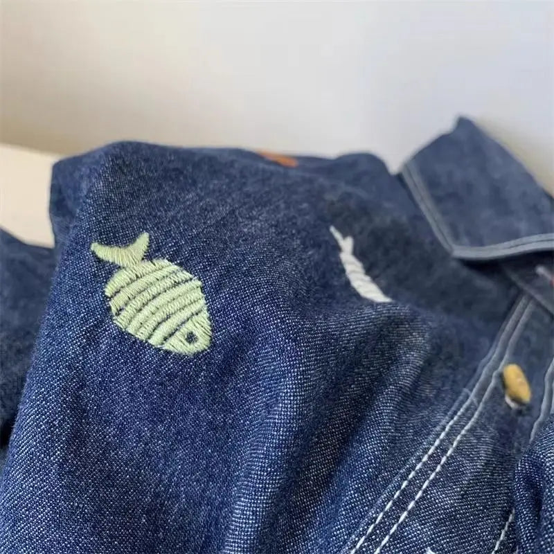 Korean retro dark blue denim long-sleeved shirt women's spring and autumn new fashion plus size loose coat embroidered shirt top