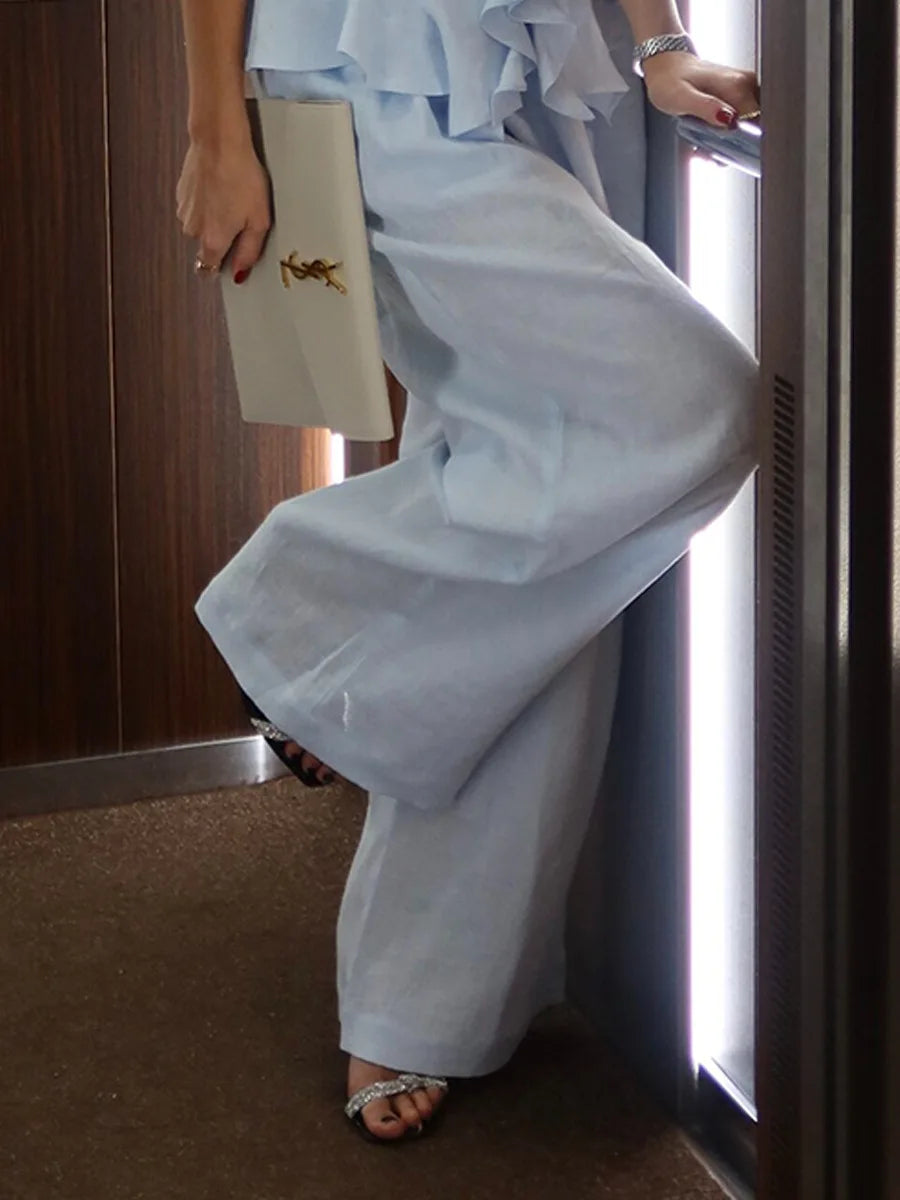 Casual Solid Color Cotton Top And Wide Leg Pants Set for Women