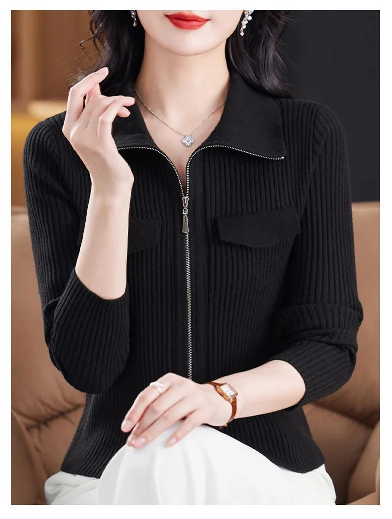 Fashion Zipper Short Knitted Cardigan Sweater 2025 Spring Autumn New Korean Versatile Coat Top Turn-Down Col Sweater Solid Color