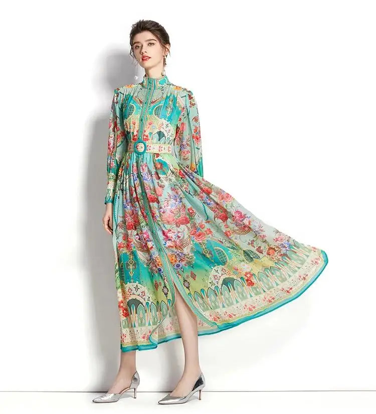 Women's Turtleneck Lantern Sleeve Single Breasted Flower Print Maxi Dress Autumn Bohemian Chiffon Green Belt Holiday Vestidos