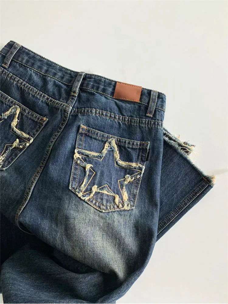 Women's Blue Wide Leg Jeans Star Pocket Vintage Straight Pants High Waist Baggy Streetwear Casual Denim Trouser Ladies 2022 New