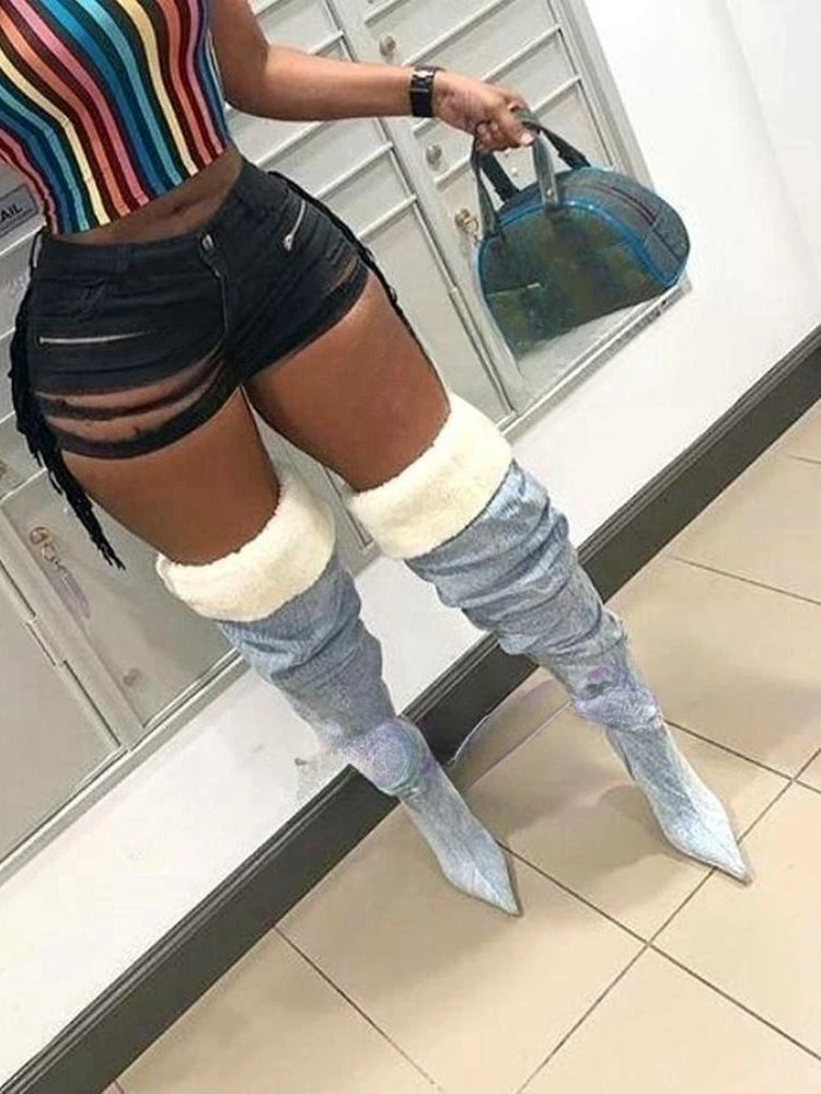 Winter Furry Thigh High Boots Sexy Pointed Toe High Heels Boots Women Shoes Vintage Warm Heel Boots 2023 New Zapatos Para Mujere