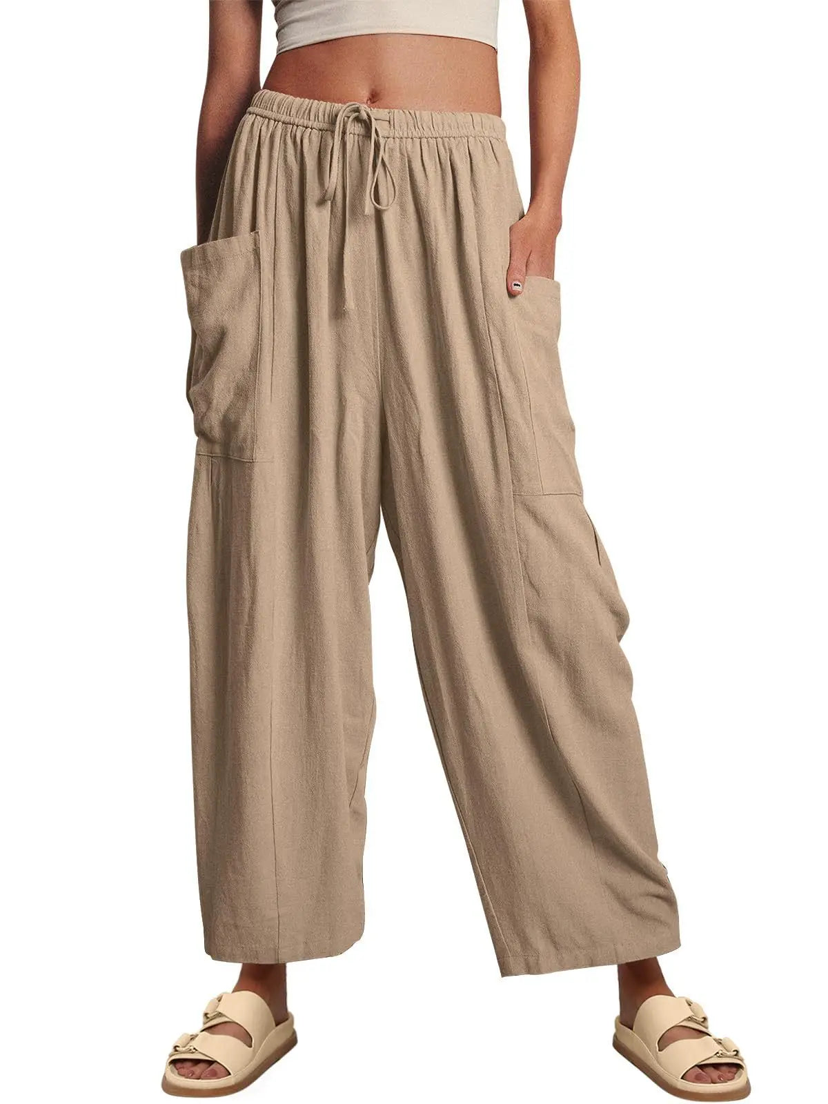 Loose Wide Leg Pants Women's Clothing Elastic Waist Pleated High Waist Casual Cotton Linen Solid Color Trousers Pants