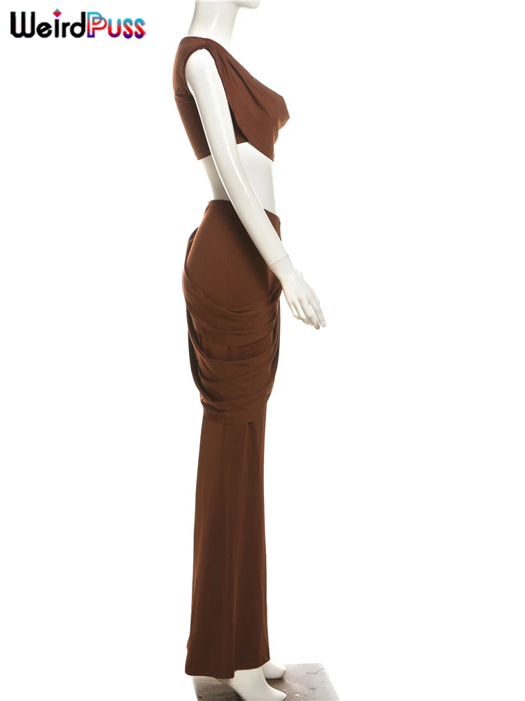 Weird Puss Pleats Elegant 2 Piece Set Women Sexy Low Neck Sleeveless Crop Tops+Irregular Waist Tassel Straight pants Solid Suit