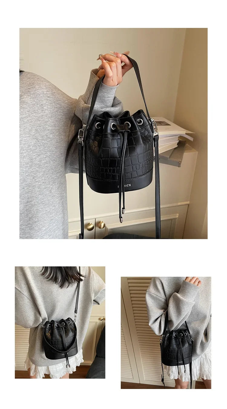 2025 New Trendy Women's Drawstring Tote Bag - Vintage Stone Texture Crossbody Satchel with Retro Minimalist Design