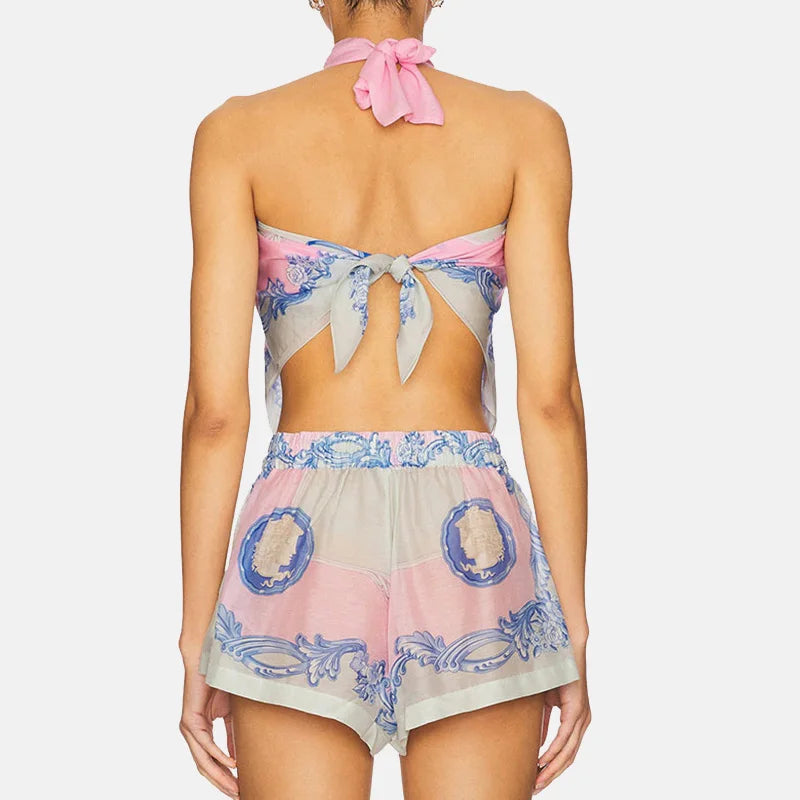 Pattern Printed Sleeveless Hollow Two Piece Set Summer Bohemian Women Holiday Outfit Casual Halter Lace Up Top+Shorts Beach Suit