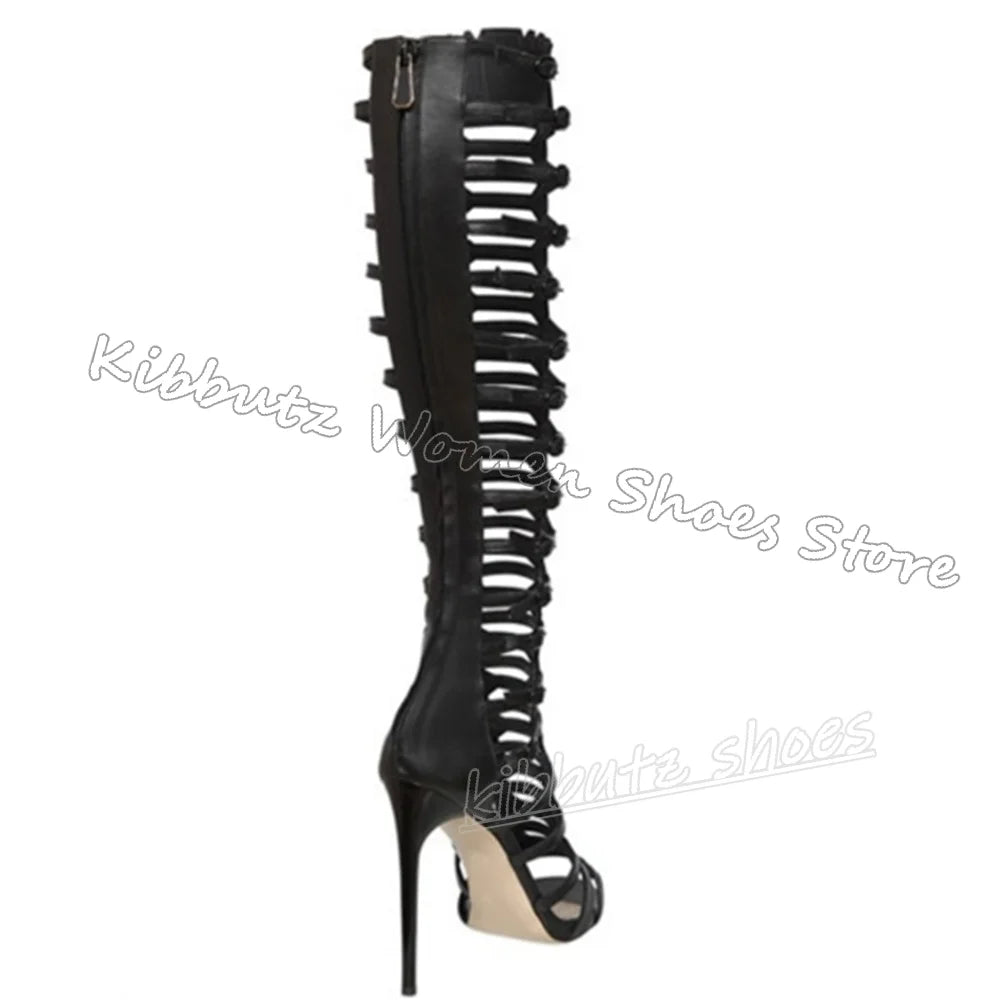 Cross Strap Sandals Knee High Solid Color Round Toe Thin Heels Back Zipper Fashion Luxury Elegant Concise Sexy Women Shoes New