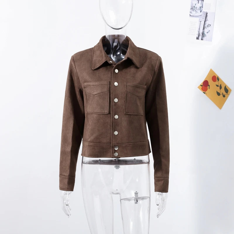 Big Pockets Suede Short Women's Jackets Vintage Lapel Single Breasted Full Sleeve Jacket Lady 2025 Spring Fashion Streetwears