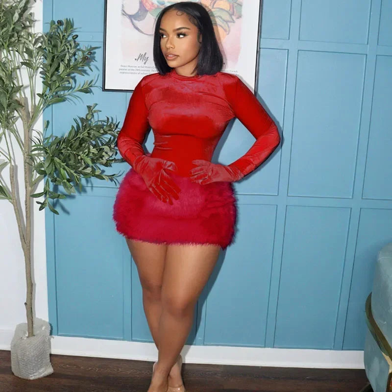Velvet Long Sleeve Solid Gloves Sexy Bodysuit Furry Skirt 2 Piece Sets Fall Winter Women Elegant Outfit Party Birthday