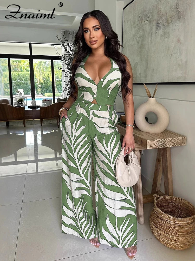 Znaiml Sexy Boho Leaf Printed Wide Leg Pants Sets for Women Halter Sleeveless Crop Tops and Trousers Two 2 Piece Vacation Outfit
