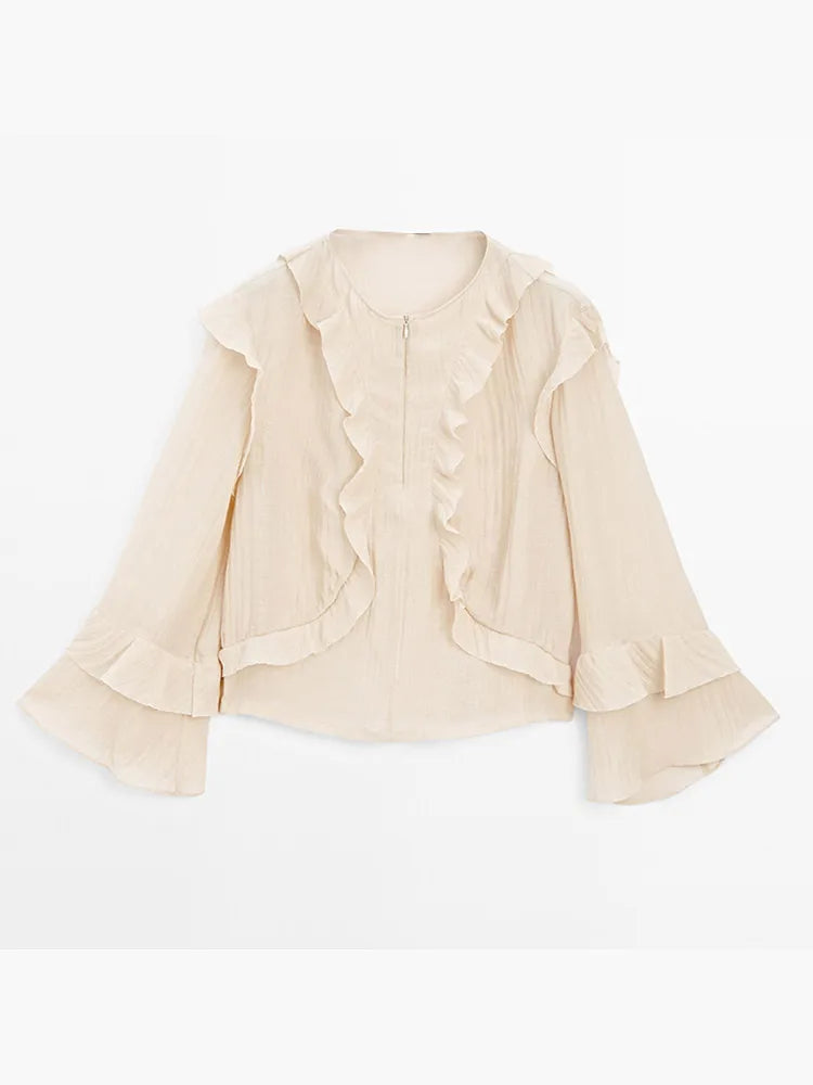 Women Shirt Loose Casual Ruffled Edges Female Blouses V Neck Lace Up Short Woman Shirts Spring Summer Blouse Top 2025 New