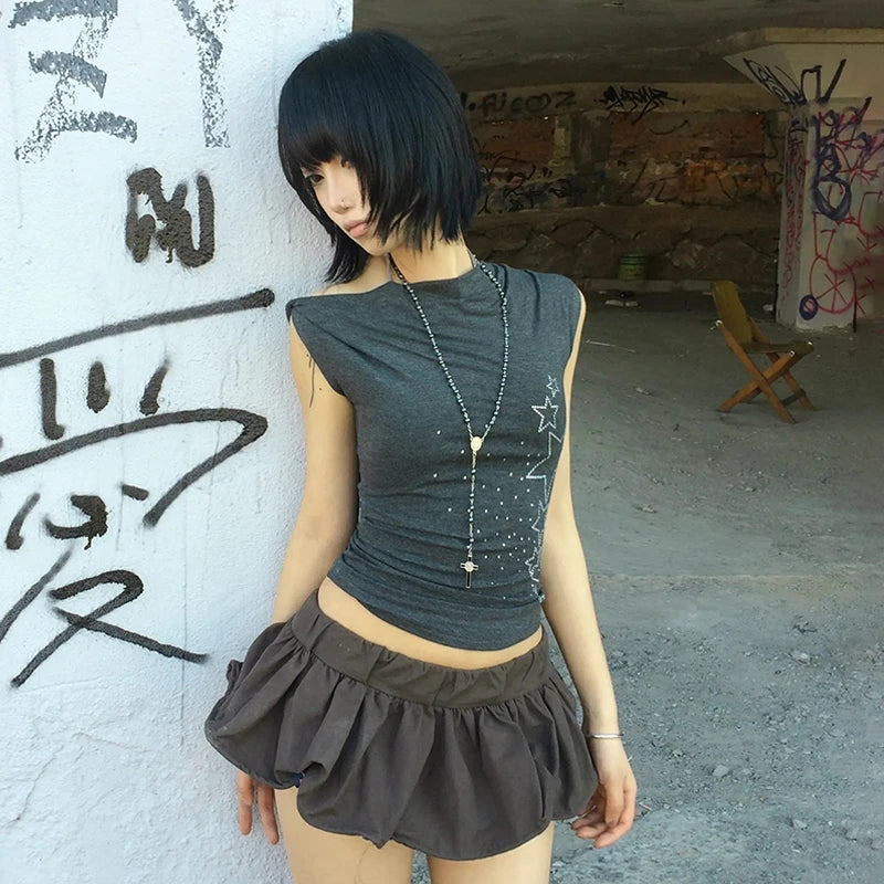 Karrram Japanese Y2k Off Shoulder T-shirt Trashy 2000s Style Rhinestones Sleeveless Top Vintage Harajuku Crop Top American Retro