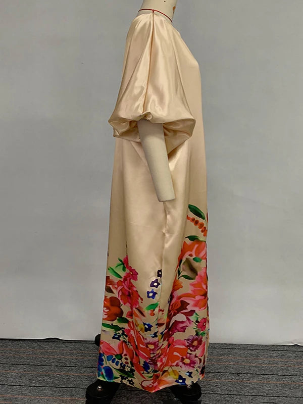 Beautyblue Plus Size Women's Clothing Robe De Soiree Femmes Elegant Floral Printed Boat Neck Puff Sleeves Oversized Maxi Dress