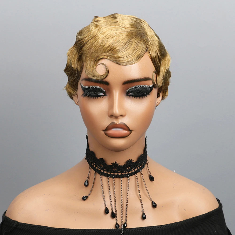 Short Finger Wave Wig Human Hair Wigs For Women 180% Density Brown Short Ocean Wave Wig Pixie Cut Wigs for Woman Natural Look