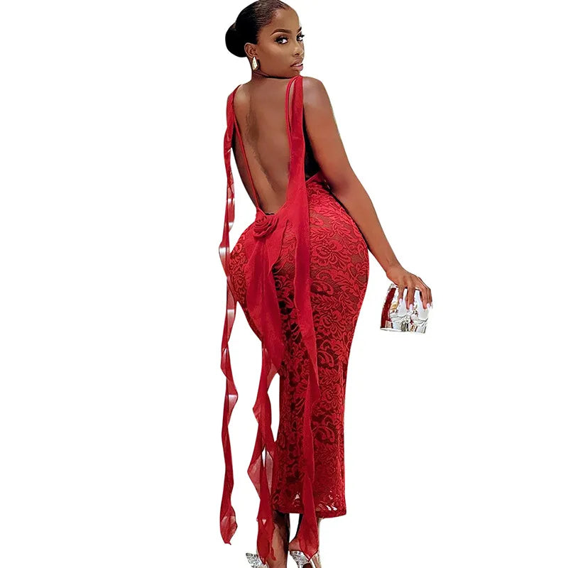 CM.YAYA Women lace Sleeveless Strap Floral Backless Sleeveless Sexy Party Bodycon Midi Maxi Long Dress 2025 Dresses Vestidos