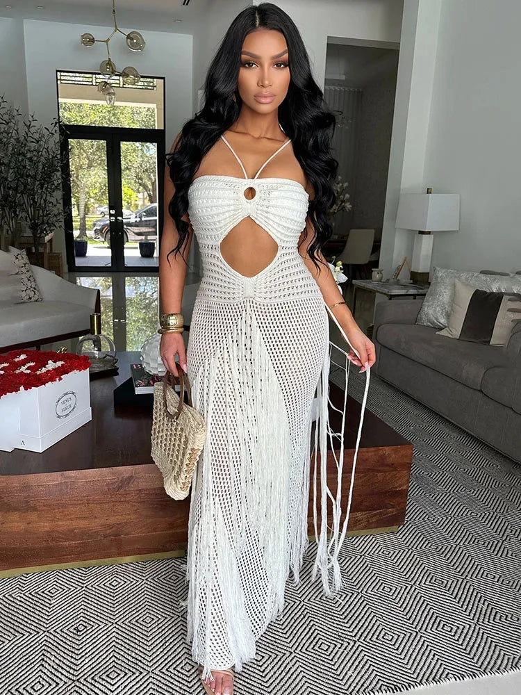 See Through Tassel Knit Bodycon Maxi Dress for Women