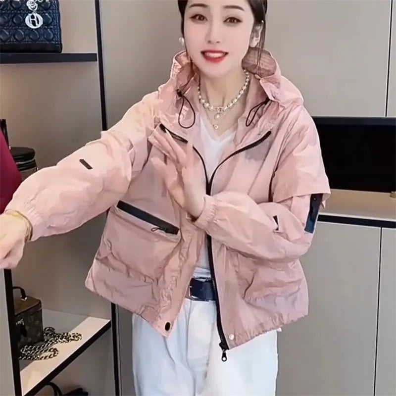 Spring and Autumn Lightweight Sunscreen Clothes for Women's Outdoor Wear 2025 White Hooded Loose Casual Summer Jacket Pink Orang
