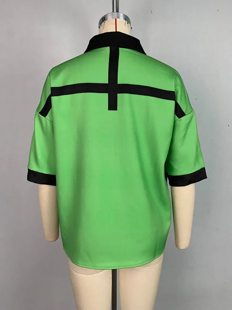 Beautyblue 2025 Summer Polo T-shirt Chic Elegant Shirt Loose Half Sleeves Button High Street Cool Women's Fashion Blouses Tops