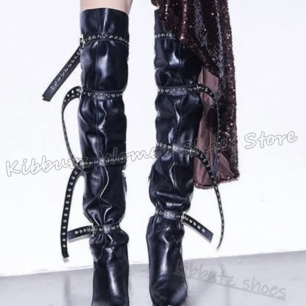 Above The Knee Boots Belt Buckle Pointed Toe Chunky Heels Solid Color Leather Fashion Luxury Elegant Concise Spicy Girls Shoes