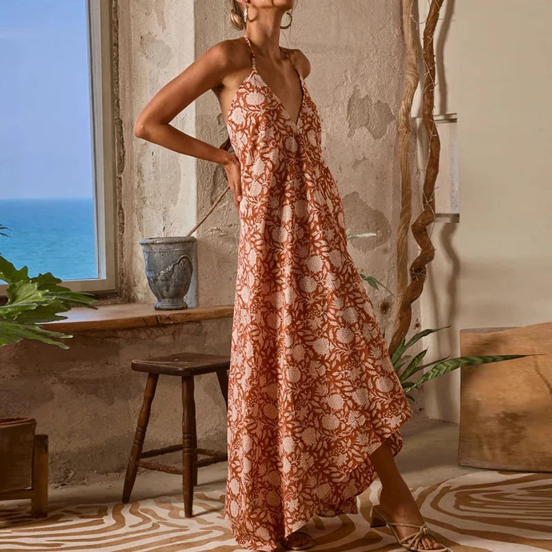 Fashion Hollow Out Backless Party Dress Bohemian Sleeveless Suspender Sexy Dress Vintage Floral Print Halter Women's Long Dress