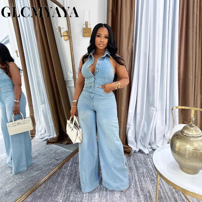 CM.YAYA Women Denim Sleeveless Single Breasted Wide Leg Jeans Jumpsuit Halter Neck Backless 2025 Summer One Piece Suit Playsuits