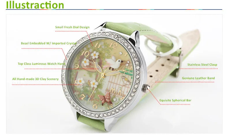 M:N: Brand Fashion Watch Ladies Luxury Hand-made 3D Bird Girl Gift Quartz Wristwatches Waterproof Luminous for Women Reloj Mujer