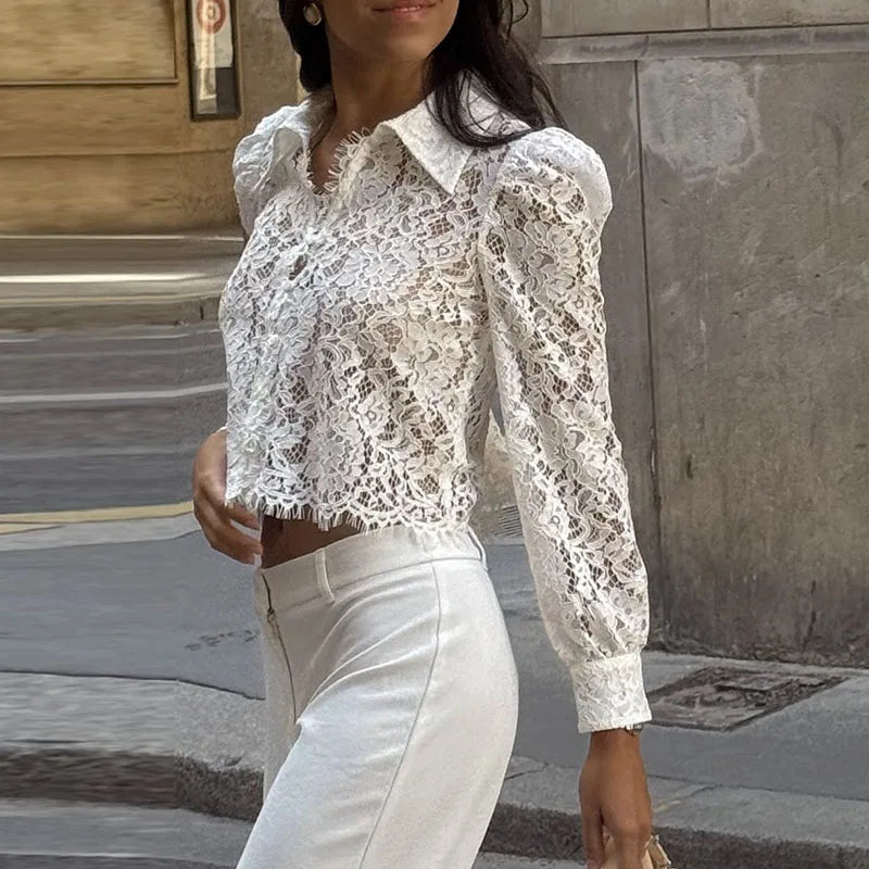 New Elegant Embroidered Solid Color Tees Autumn Sexy Perspective Slim Club Tops Blouses Fashion Lace Long Sleeved Women's Shirt