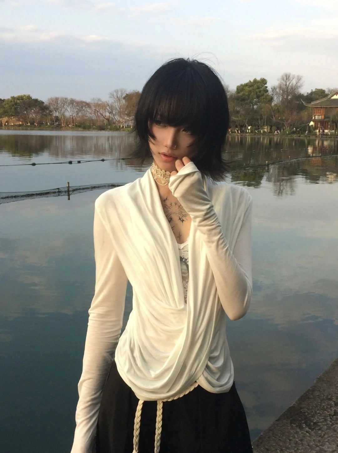 Karrram Japanese Y2k Cross Tops Trashy 2000s Style V-neck Long Sleeve T-shirt Vintage Harajuku White Irregular Tops American 90s