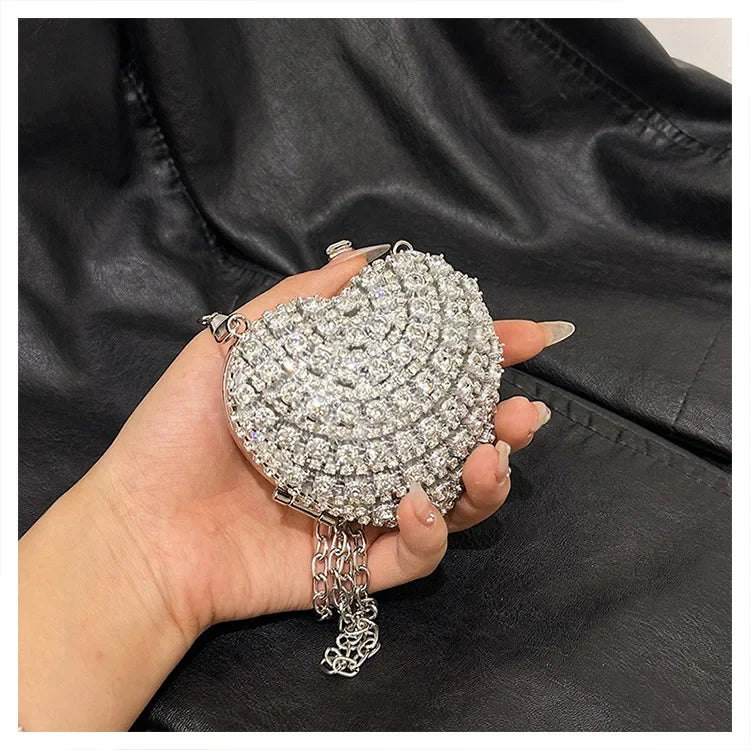 Luxury Mini Diamond Inlay Heart Shape Crystal Clutch Purse Stones Evening Wedding Party Shoulder Bag Handle Rhinestone Handbags