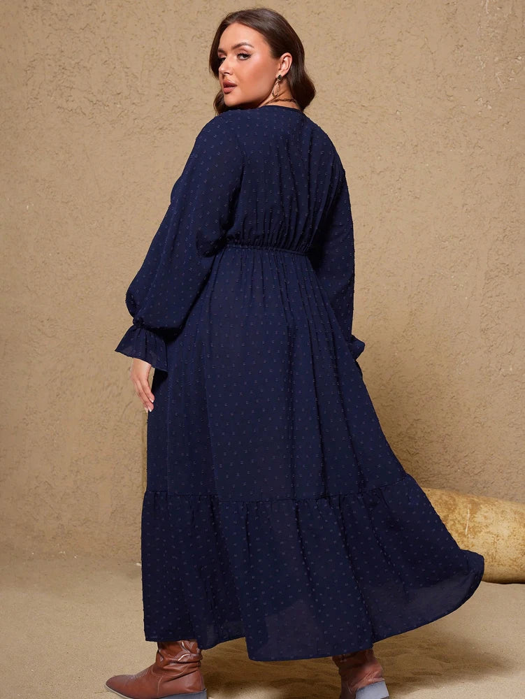 plus Size Women's Pullover V-Neck Long Sleeve Dress Autumn 2025 Printed Loose Casual Fashion Best Choice for Autumn